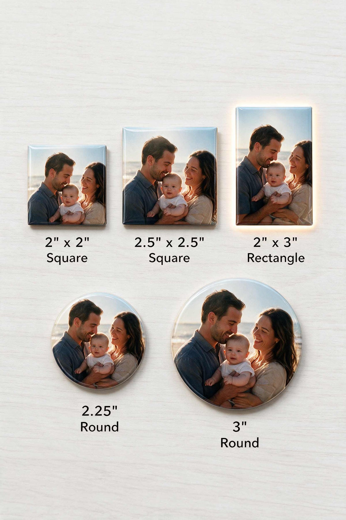Photo magnet size chart: 2x2 square, 2.5x2.5 square, 2x3 rectangle, 2.25 inch round and 3 inch round