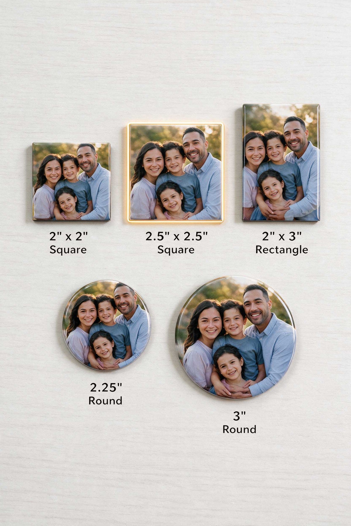 Photo magnet size chart: 2x2 square, 2.5x2.5 square, 2x3 rectangle, 2.25 inch round and 3 inch round