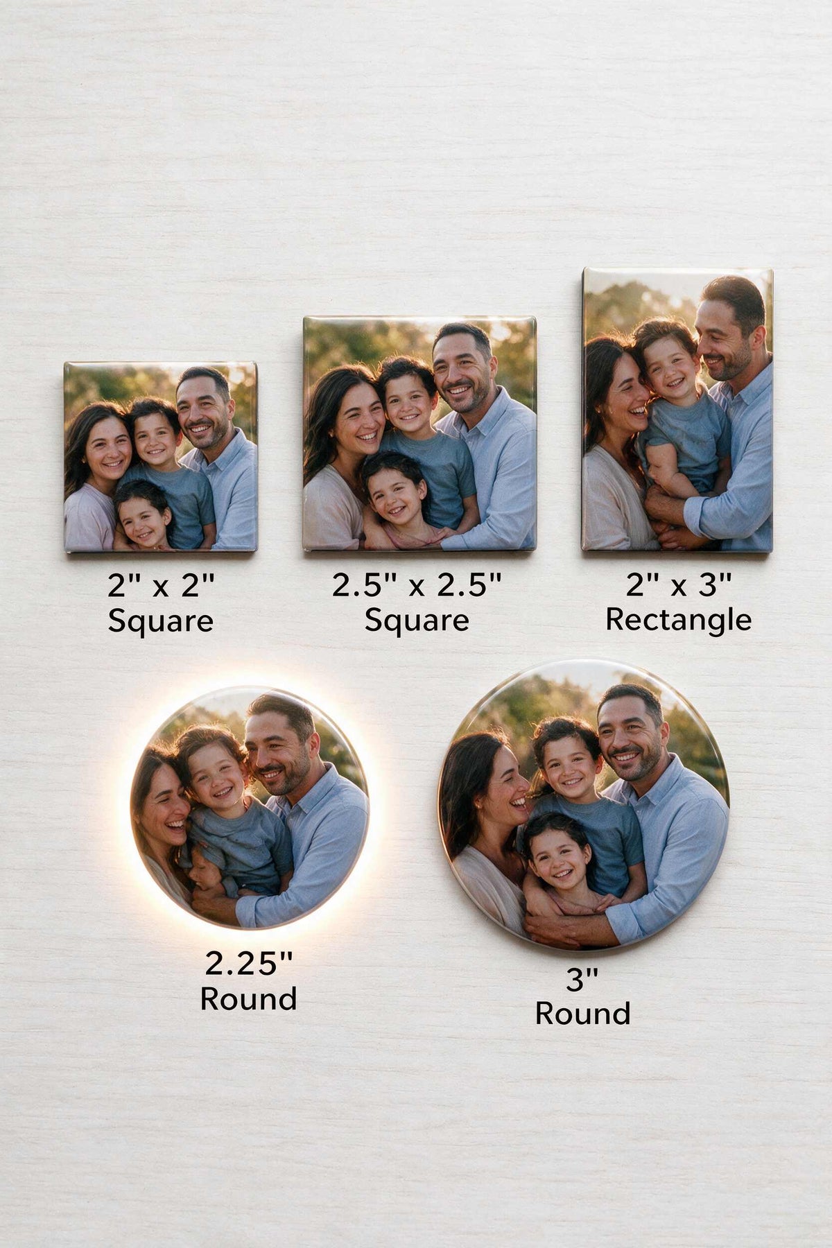 Photo magnet size chart: 2x2 square, 2.5x2.5 square, 2x3 rectangle, 2.25 inch round and 3 inch round