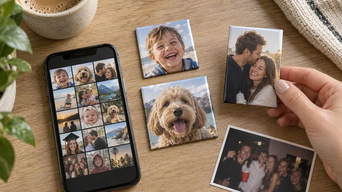 Choosing the best photos for fridge magnets: a phone photo gallery beside three bright close-up magnets and one dark blurry group photo