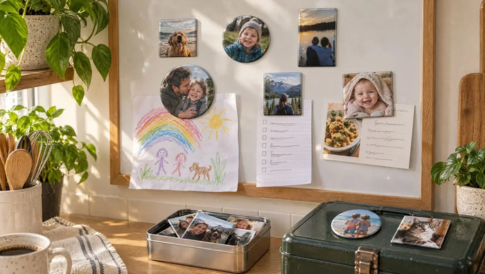 Creative ways to use photo magnets: a kitchen magnetic board with magnets holding a child's drawing, a grocery list and a recipe card, more magnets in a tin and on a toolbox