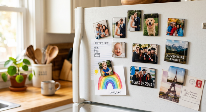 Custom photo magnets as gifts on a white fridge in a sunny kitchen, family, graduation and travel photos beside a child's drawing