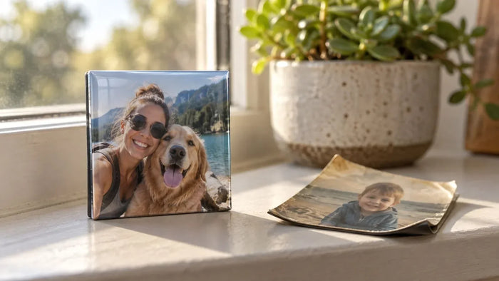 How long photo magnets last: a pressed photo magnet standing on a windowsill next to an old curled and faded paper magnet