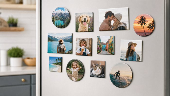 Custom fridge magnets on a refrigerator door, a buyer's guide to print, finish, hold, size and shape