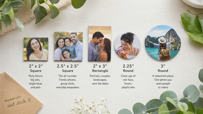 Photo magnet sizes side by side: 2x2 square, 2.5x2.5 square, 2x3 rectangle, 2.25 inch round and 3 inch round with what each is best for