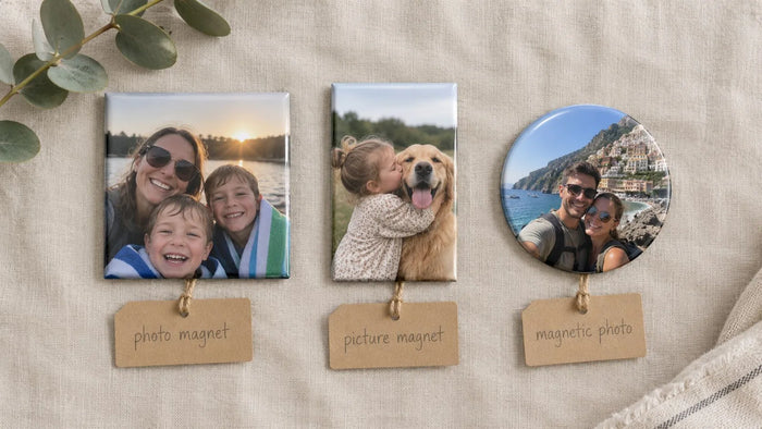 A square, a rectangle and a round photo magnet on linen with kraft tags reading photo magnet, picture magnet and magnetic photo