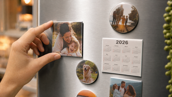 A hand placing a photo magnet on a stainless steel fridge door next to a calendar and round magnets
