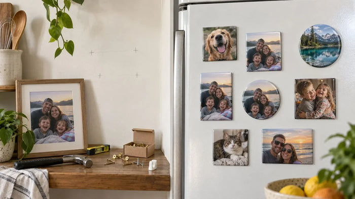 Photo magnets vs framed prints: a framed family photo with a hammer, level and nails waiting on a shelf, the same photos already up as magnets on the fridge beside it