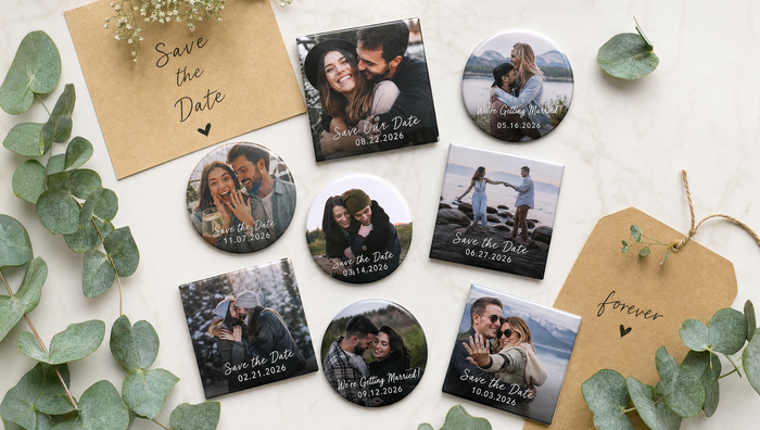Save the date magnets with couple photos and wedding dates laid on kraft envelopes with eucalyptus