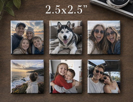 2.5x2.5 photo magnets: six square magnets with family, husky and friends photos on a walnut table