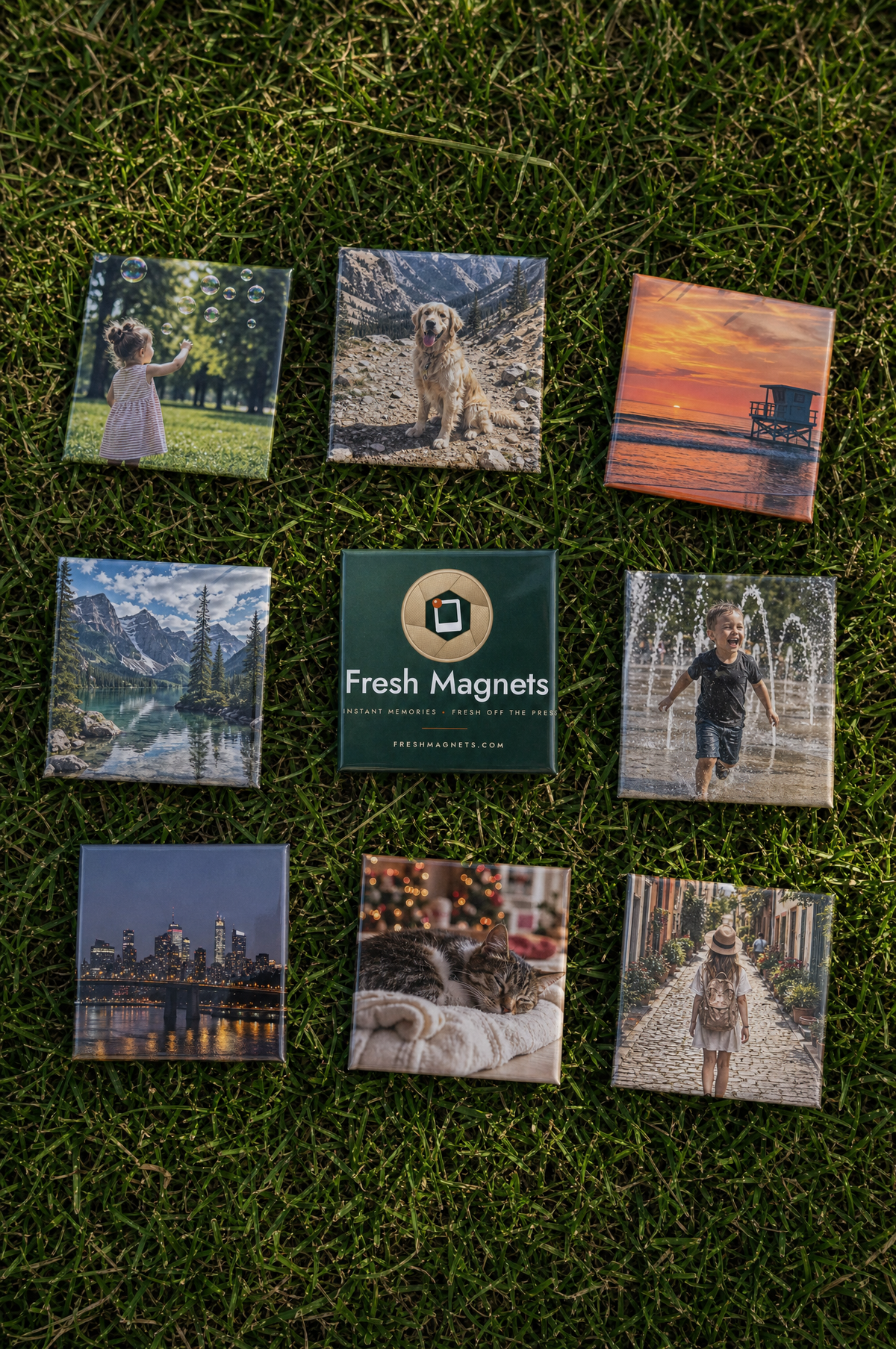 Nine 2x2 square photo magnets laid on grass around a Fresh Magnets gift box