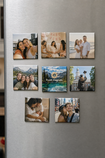 2x2 photo magnets on a stainless steel fridge door, nine family, wedding and travel photos