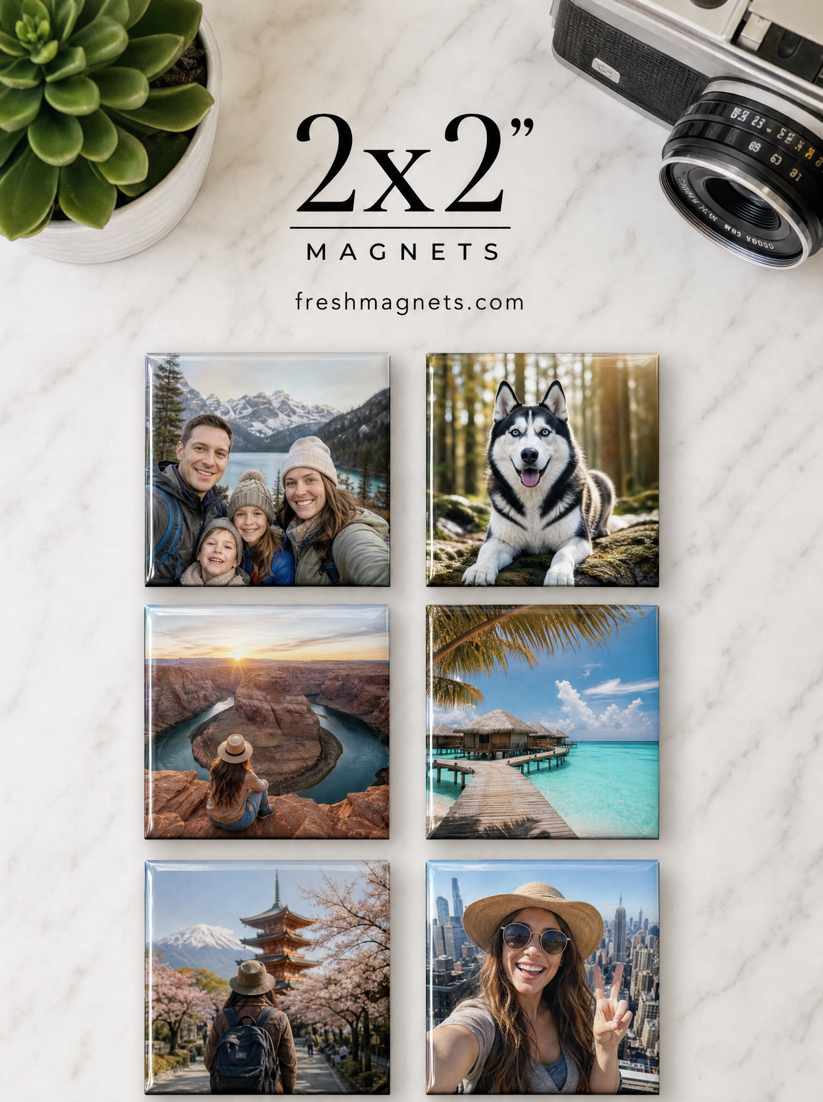 2x2 photo magnets: six small square magnets with family, husky and travel photos on a marble table, freshmagnets.com