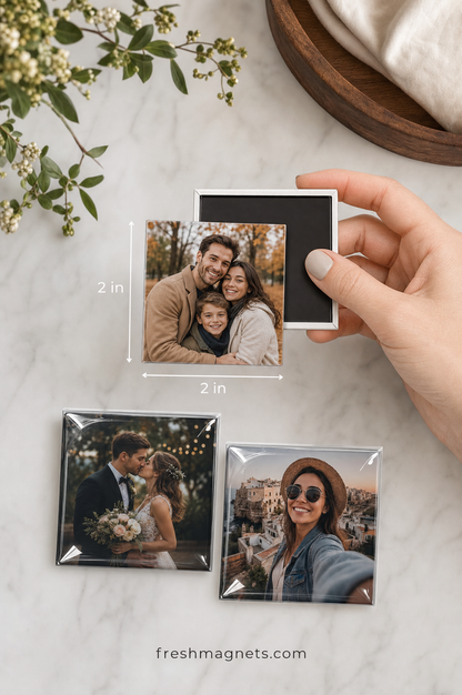 A 2x2 photo magnet held in a hand with the 2 inch width and height marked, three more on a marble counter