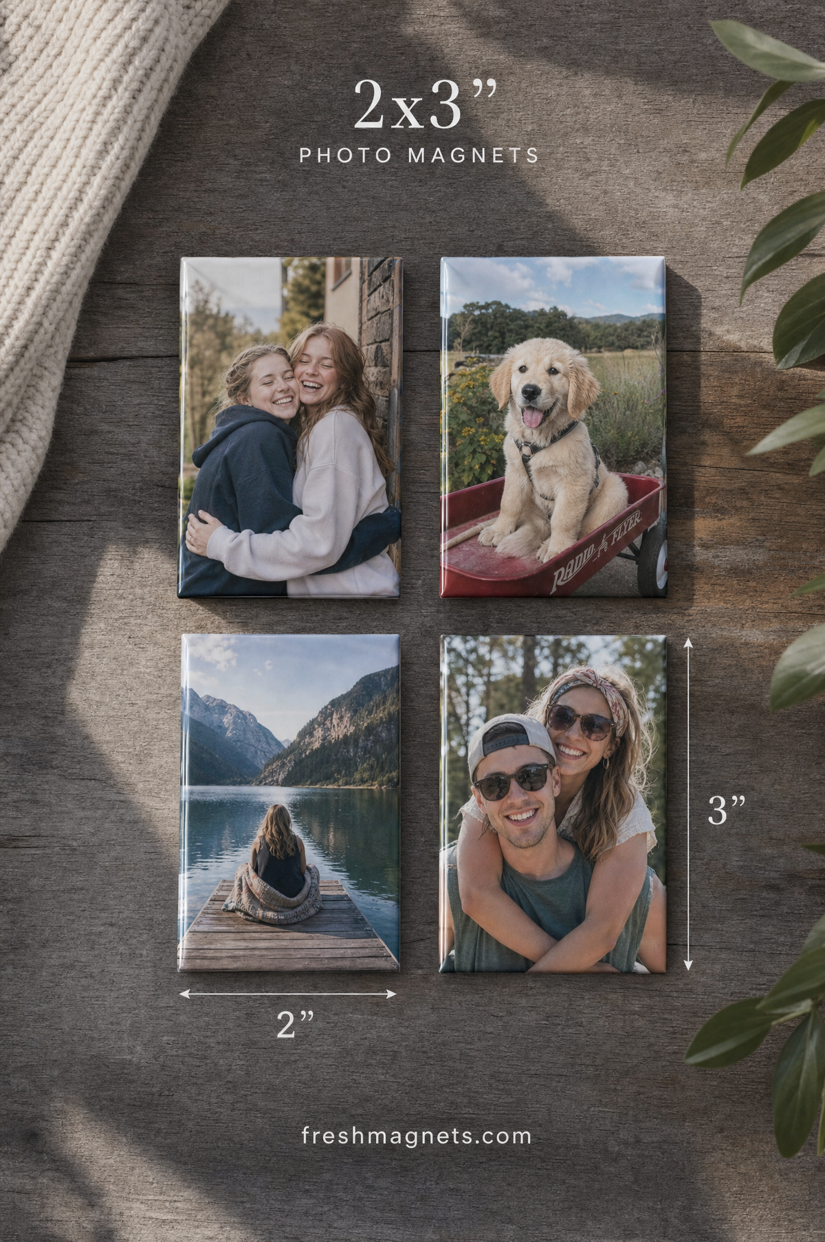 2x3 photo magnets: six rectangle magnets with couple, family and dog photos on a walnut table, size marked 2 by 3 inches, freshmagnets.com