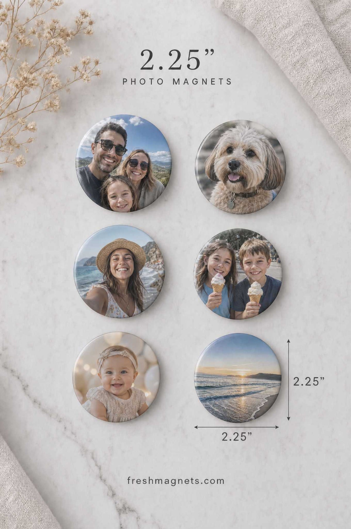 2.25 inch round photo magnets: six circle magnets with family, dog and baby photos on a marble table, size marked 2.25 inches, freshmagnets.com