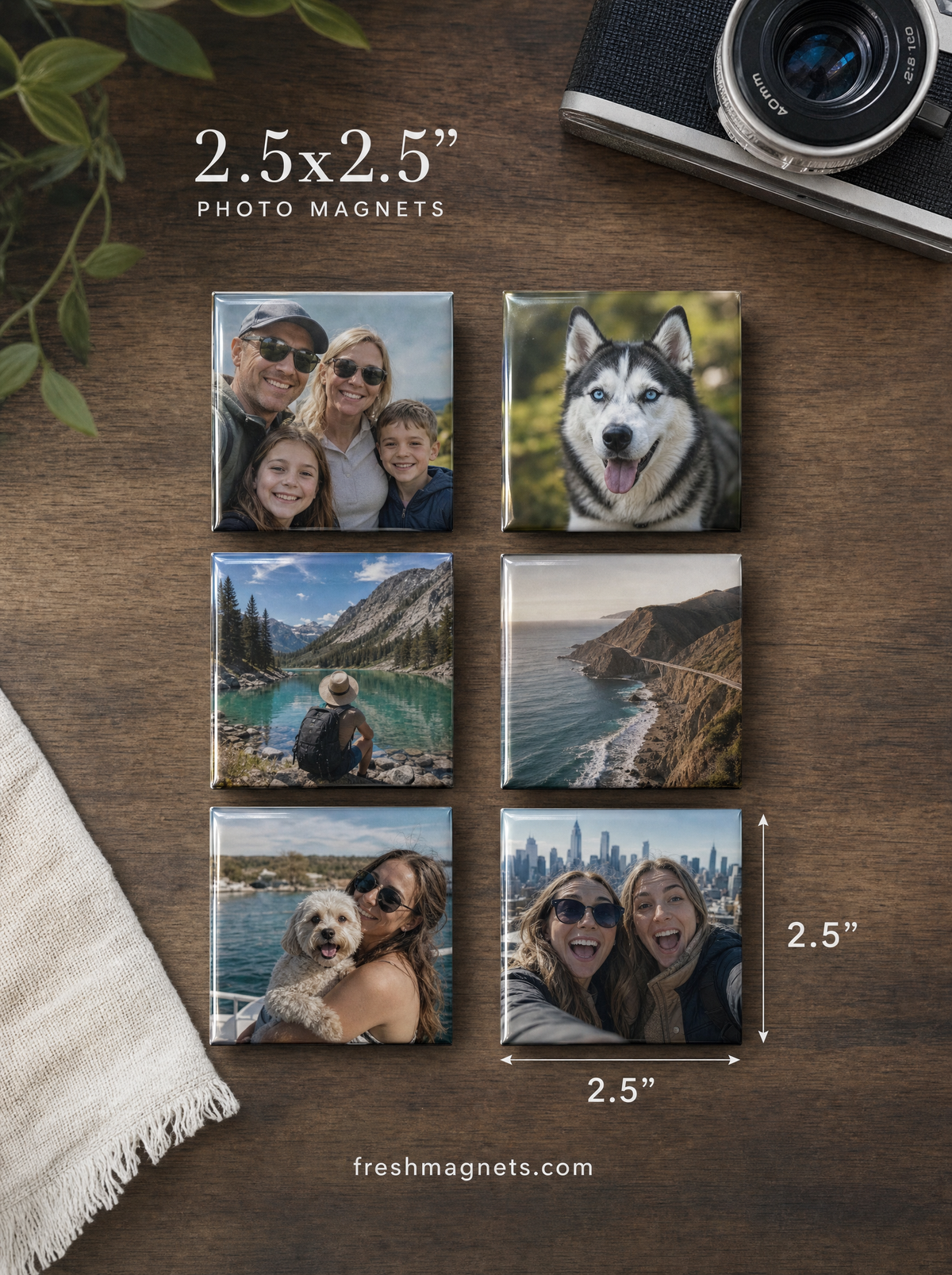 2.5x2.5 photo magnets: six square magnets with family, dog and travel photos on a walnut table, size marked 2.5 inches, freshmagnets.com