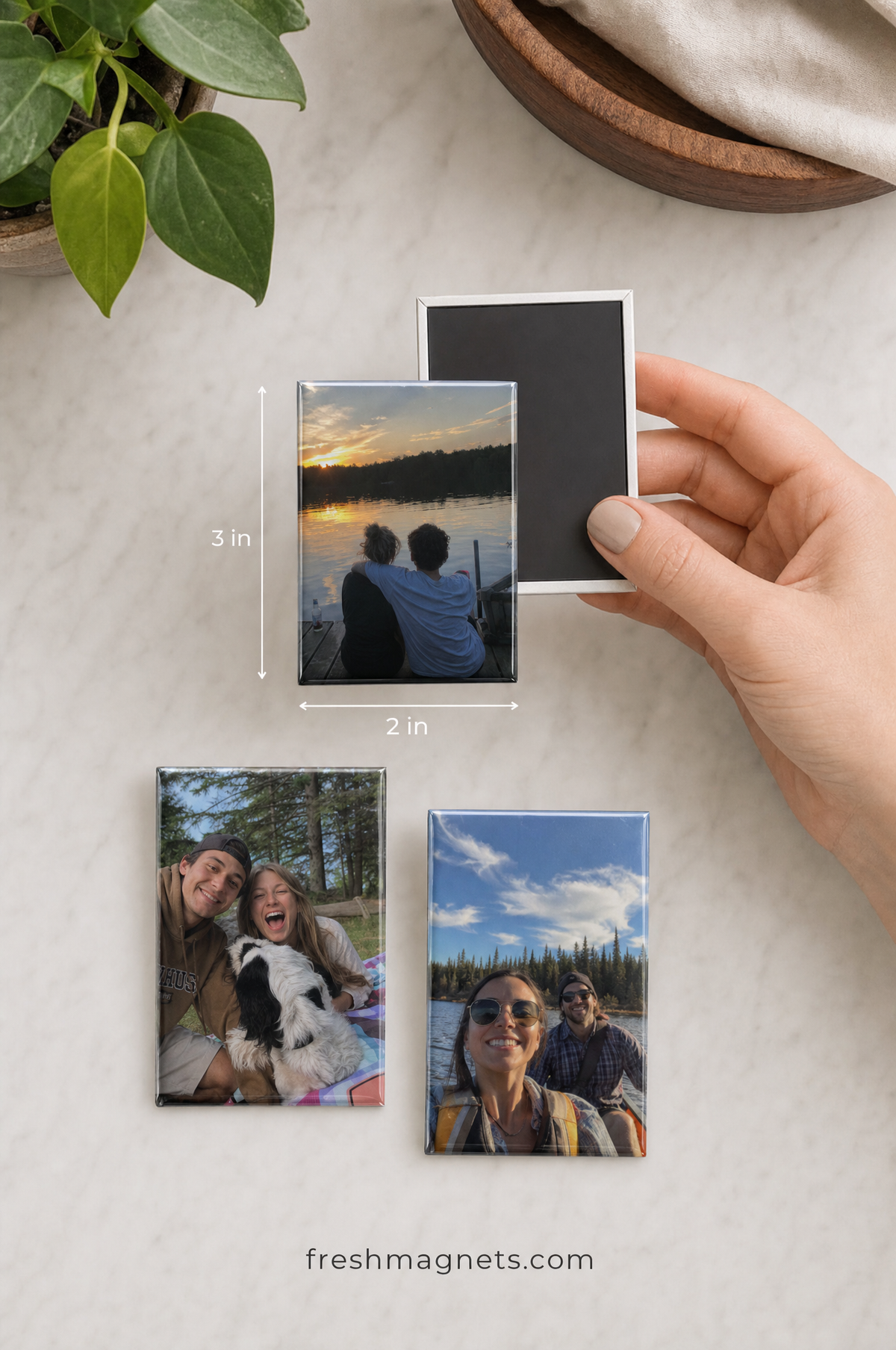 A 2x3 photo magnet held in a hand showing the black magnetic back, three more on a white fridge, freshmagnets.com