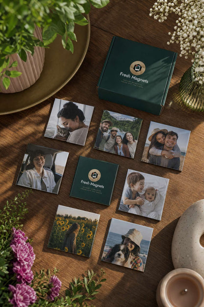 Custom photo magnets 2.5 inch square laid out on a wooden table beside the Fresh Magnets gift box