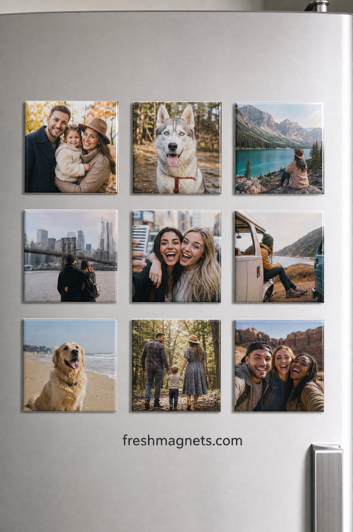 Nine 2.5x2.5 custom photo magnets in a grid on a fridge door, family, dog and city photos