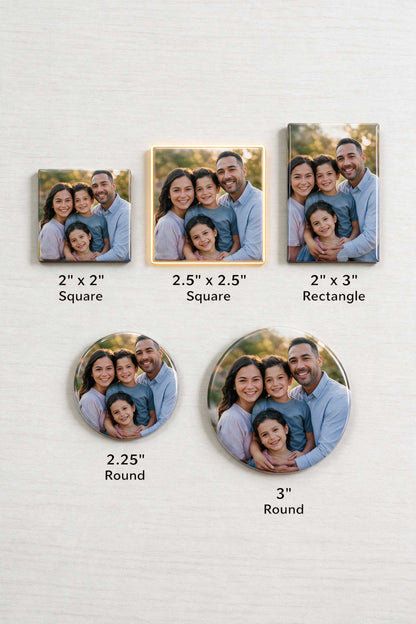Photo magnet size chart: 2x2 square, 2.5x2.5 square, 2x3 rectangle, 2.25 inch round and 3 inch round