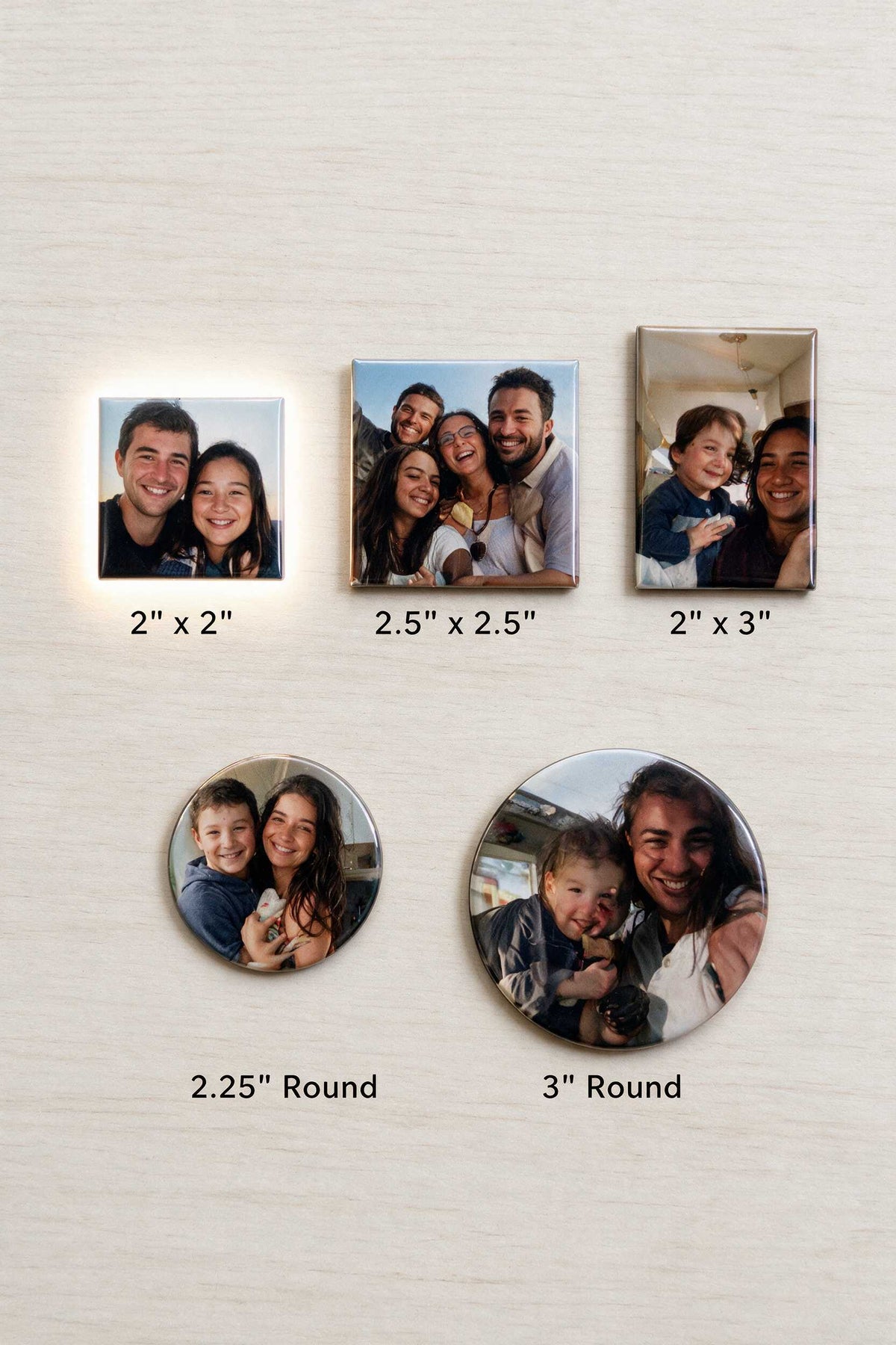 Photo magnet size chart: 2x2 square, 2.5x2.5 square, 2x3 rectangle, 2.25 inch round and 3 inch round