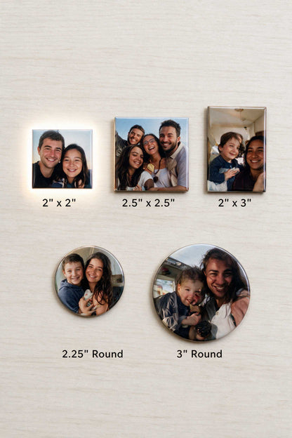 Photo magnet size chart: 2x2 square, 2.5x2.5 square, 2x3 rectangle, 2.25 inch round and 3 inch round