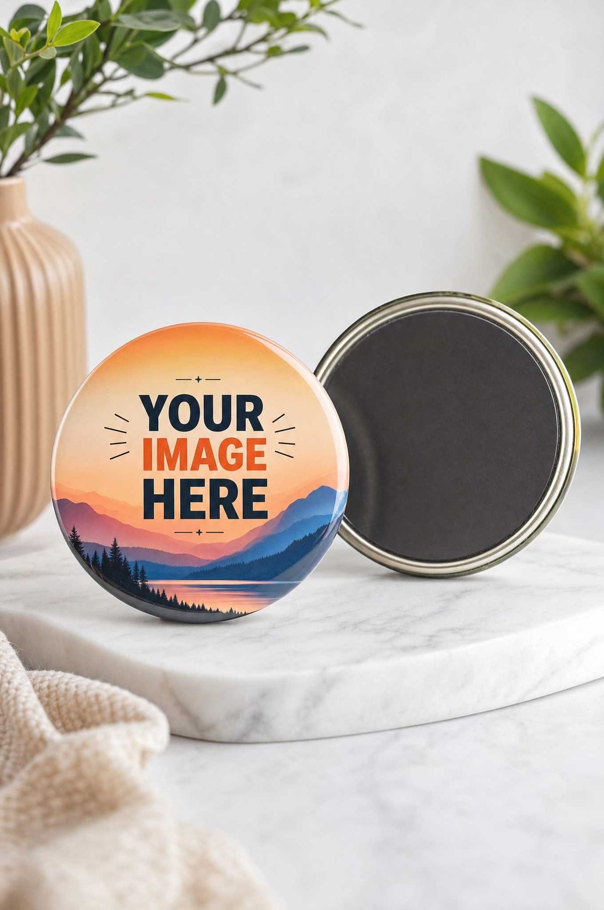 2.25 inch round photo magnet mockup reading Your Image Here, with the magnetic back shown