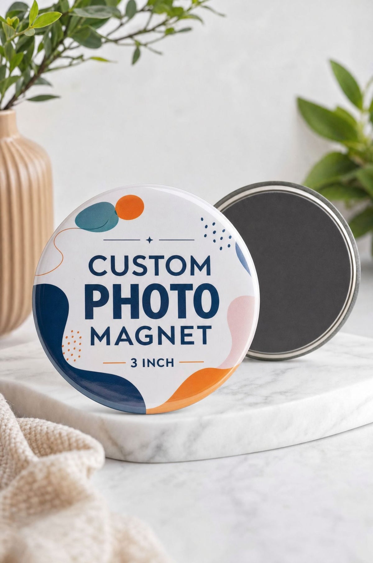 3 inch round custom photo magnet mockup with the magnetic back shown beside it