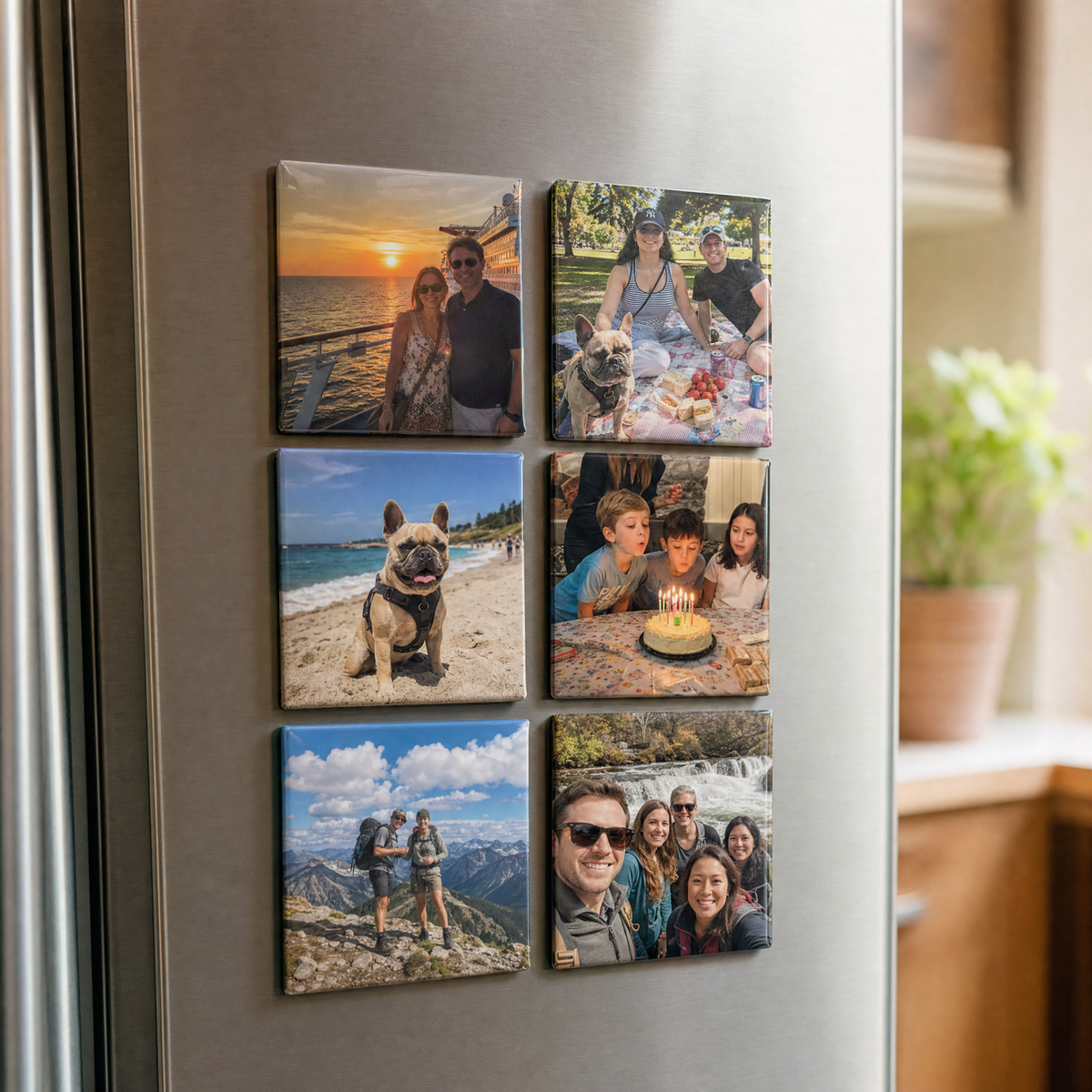 2.5x2.5 photo magnets on a stainless steel fridge door, six family and vacation photos