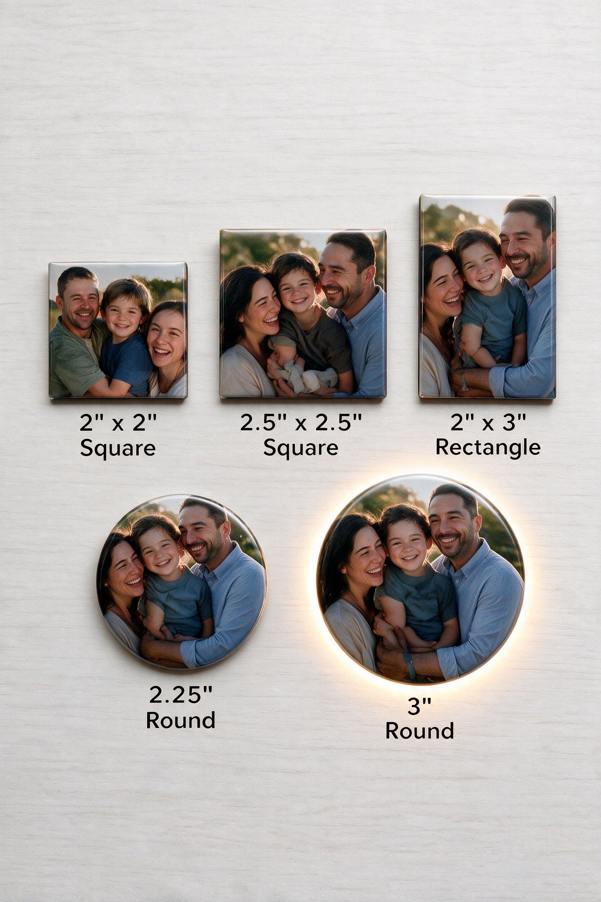 Photo magnet size chart: 2x2 square, 2.5x2.5 square, 2x3 rectangle, 2.25 inch round and 3 inch round