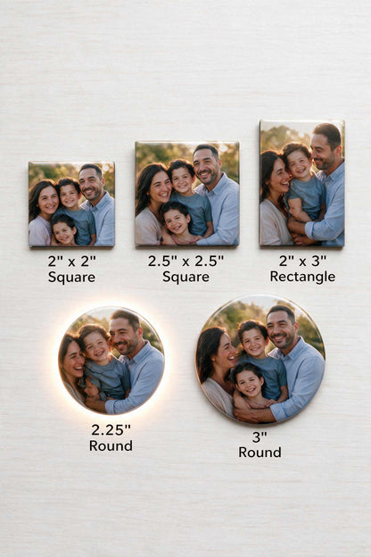 Photo magnet size chart: 2x2 square, 2.5x2.5 square, 2x3 rectangle, 2.25 inch round and 3 inch round