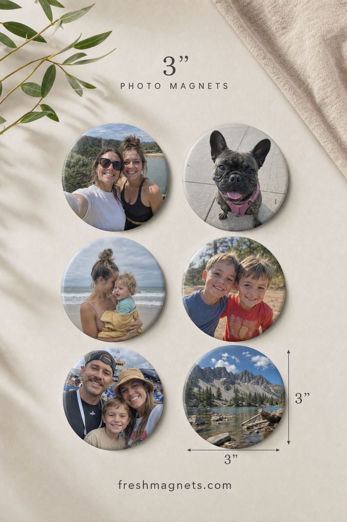 3 inch round photo magnets: six large circle magnets with family, dog and lake photos on a beige cloth, size marked 3 inches, freshmagnets.com
