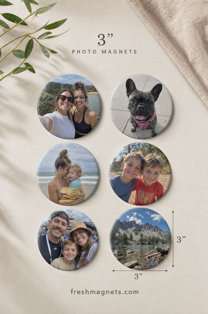 3 inch round photo magnets: six large circle magnets with family, dog and lake photos on a beige cloth, size marked 3 inches, freshmagnets.com
