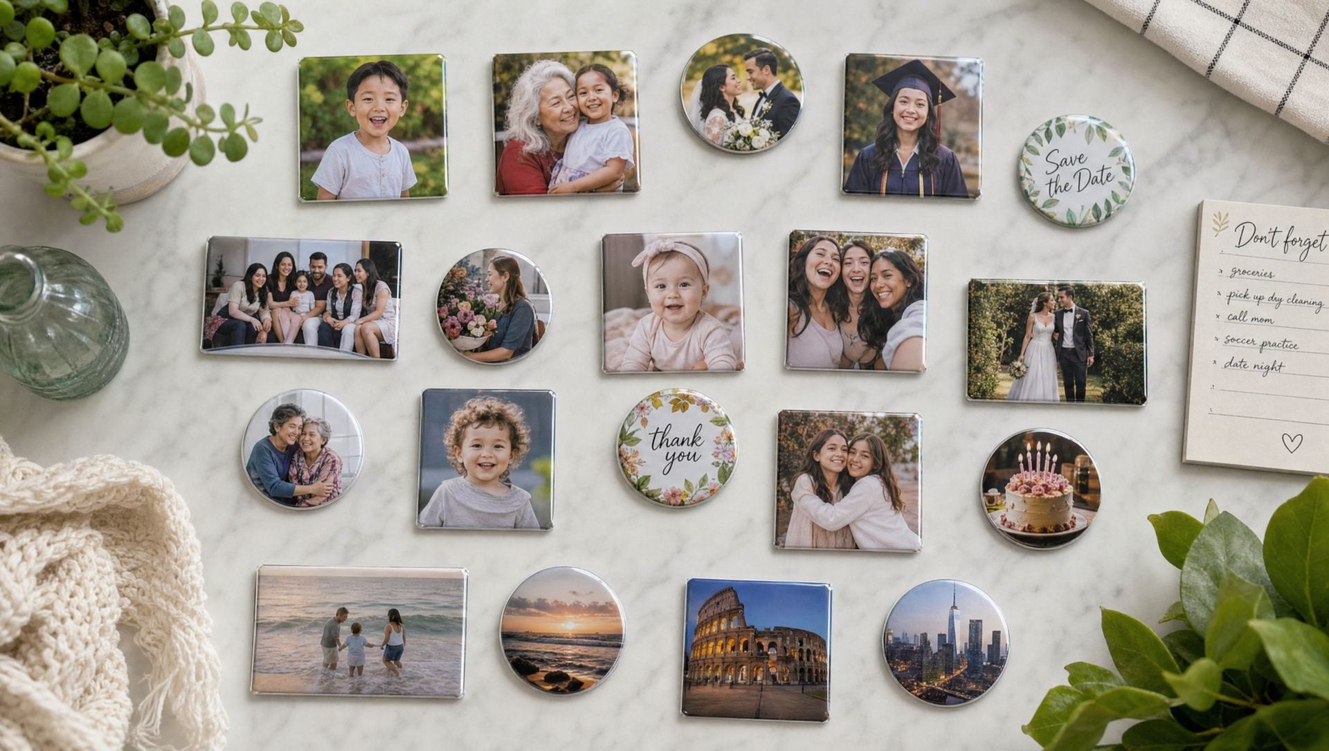 Custom photo magnets laid out on a table
